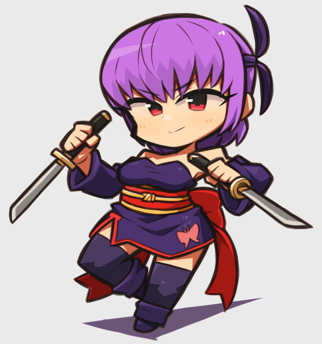 animal_print ayane_(doa) bow breasts butterfly_print chibi dead_or_alive double_blade dress ibara. ninja obi purple_dress purple_footwear purple_hair purple_thighhighs red_bow red_eyes sash short_hair smirk sword thighhighs wakizashi weapon
