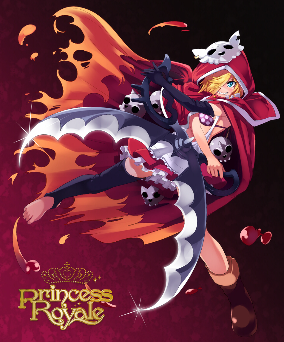 1girl black_gloves blonde_hair blue_eyes boots bra brown_boots cloak elbow_gloves full_body gloves grin holding holding_scissors little_red_riding_hood_(fairy_tale) little_red_riding_hood_(fairy_tale_character) mask polka_dot polka_dot_bra princess_royale red_background red_hood red_skirt scissors single_boot single_glove skirt skull_mask smile solo sora-bozu torn_cloak torn_clothes underwear