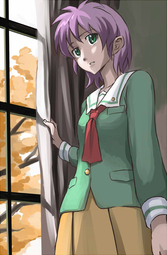 1girl bad_id bad_pixiv_id female_focus green_eyes green_shirt pink_hair school_uniform shirt solo tokimeki_memorial tokimeki_memorial_2 window yae_kaori yaman
