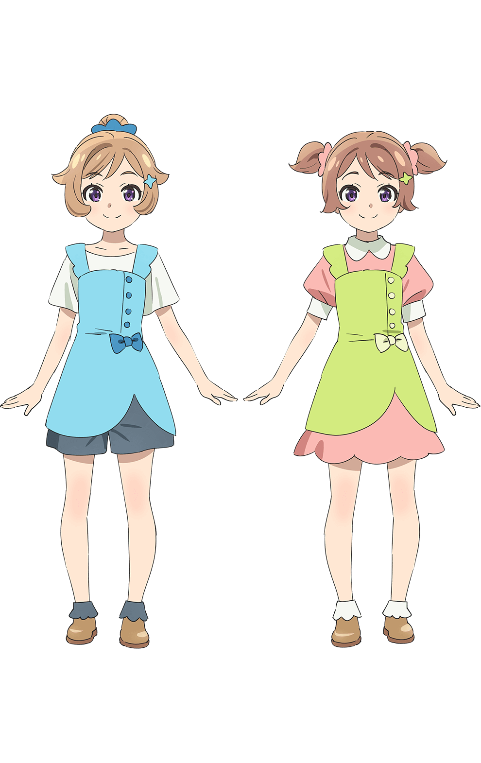 2girls black_shorts brown_hair brown_shoes closed_mouth collarbone dress full_body genjitsu_no_yohane green_dress hair_bun hair_flaps highres love_live! love_live!_sunshine!! miki_(genjitsu_no_yohane) multiple_girls nami_(genjitsu_no_yohane) official_art pinafore_dress pink_dress puffy_short_sleeves puffy_sleeves purple_eyes shirt shoes short_hair short_sleeves short_twintails shorts siblings simple_background single_hair_bun sisters sleeveless sleeveless_dress smile sparkle_hair_ornament split_mouth transparent_background twins twintails white_shirt