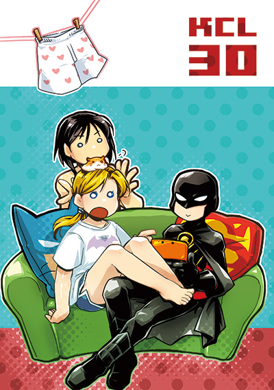 1boy 2girls barefoot batman_(series) black_hair blonde_hair boots cape cassandra_cain couch dc_comics green_upholstery halftone halftone_background hamster kandamari mask multiple_girls polka_dot polka_dot_background ponytail red_robin s_shield shirt shorts sitting smile stephanie_brown t-shirt tim_drake