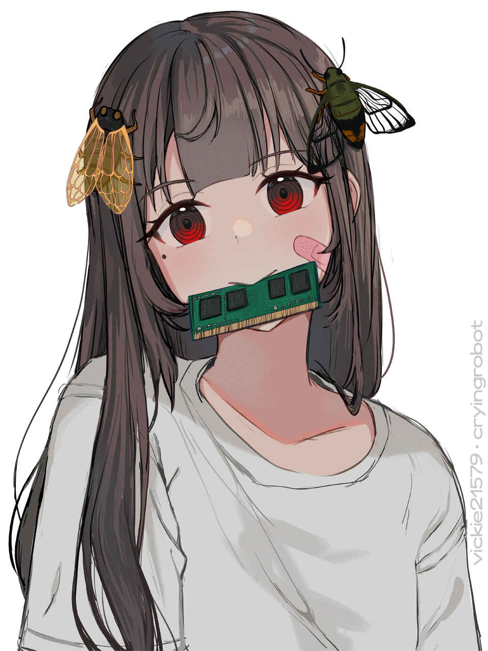 1girl animal animal_on_head bandaid bandaid_on_cheek bandaid_on_face brown_hair bug cicada commentary english_commentary highres insect long_hair looking_at_viewer mole mole_under_eye mouth_hold on_head original ram_(computer) red_eyes ringed_eyes shirt simple_background solo upper_body vickie_(cryingrobot) vickie_(cryingrobot)_(character) white_background white_shirt