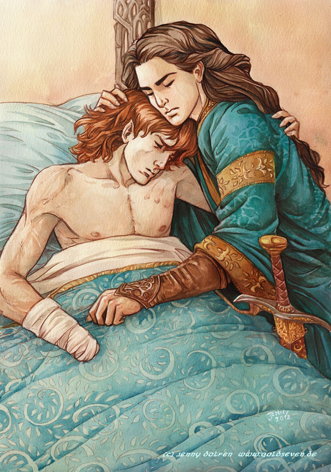 2boys black_hair blanket blue_robe bracer brothers closed_eyes color_contrast elf emaciated family frown gold_trim hand_on_another&#039;s_back hand_on_another&#039;s_head head_on_another&#039;s_shoulder hug indoors jenny_dolfen long_hair lying maedhros maglor male_focus medium_hair missing_limb multiple_boys painting_(medium) pointy_ears red_hair robe scabbard scar scar_on_arm scar_on_shoulder sheath sheathed siblings sitting sword the_silmarillion tolkien&#039;s_legendarium tolkien&#039;s_legendarium topless_male traditional_media under_covers watercolor_(medium) wavy_hair weapon