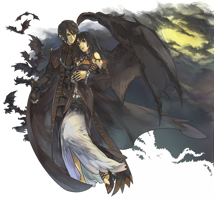 1boy 1girl alternate_costume arm_around_waist bat_(animal) bat_wings belt black_cape black_coat black_eyes black_gloves black_hair black_pants black_shirt black_sky blue_eyes brown_belt brown_hair cape chain chest_strap cloud cloudy_sky coat commentary_request couple cross-laced_clothes cross-laced_top detached_sleeves dress final_fantasy final_fantasy_viii fingerless_gloves flying frilled_sleeves frills full_body gloves halloween hand_on_another&#039;s_hand hand_on_another&#039;s_waist hand_up hetero high_collar hinokami lace lace_trim light_smile looking_at_another multiple_belts night outdoors pants pointy_ears rinoa_heartilly scar scar_on_face shirt short_hair single_wing sky sleeve_cuffs sleeveless_duster smile squall_leonhart thorns white_dress wide_sleeves wings yellow_sky