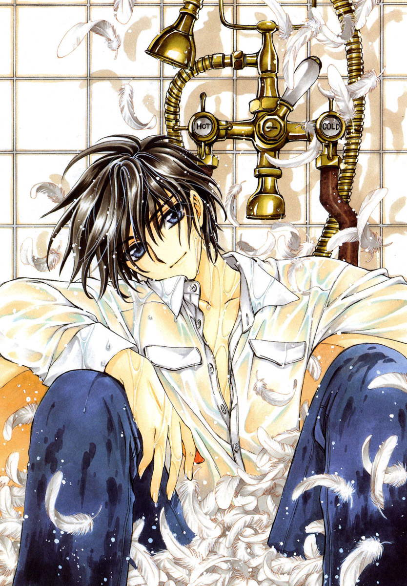 bath black_hair blue_eyes clamp feathers highres pants shirou_kamui short_hair smile x