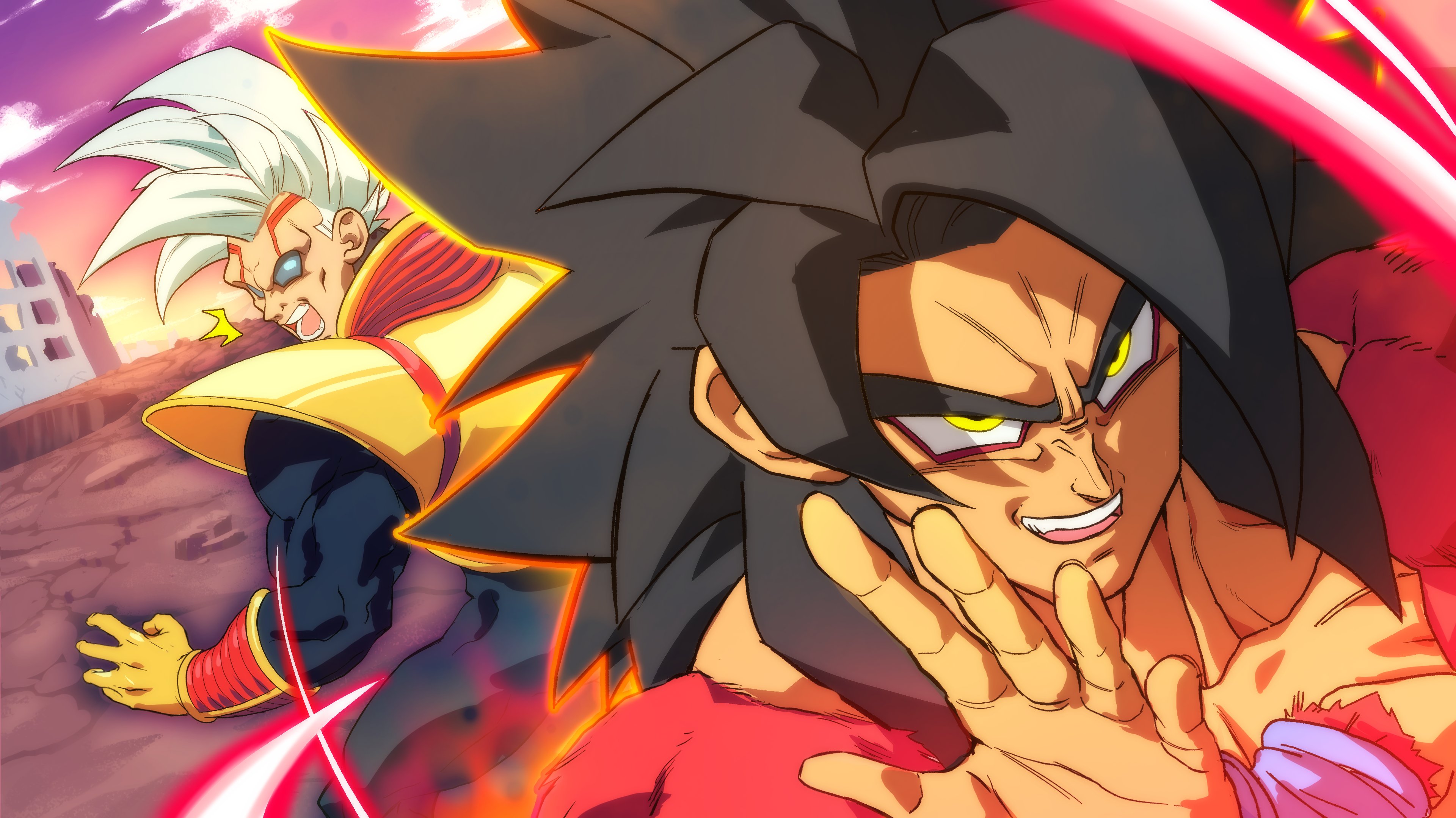 absurdres baby_(dragon_ball) baby_vegeta biceps black_hair blue_eyes body_fur bodysuit corruption dark_persona dragon_ball dragon_ball_gt facial_mark gloves highres long_hair male_focus monkey_boy multiple_boys muscular muscular_male nachairo no_eyebrows open_mouth pants pectorals possessed possession red_fur saiyan smile son_goku spiked_hair super_saiyan super_saiyan_4 white_hair yellow_eyes yellow_gloves