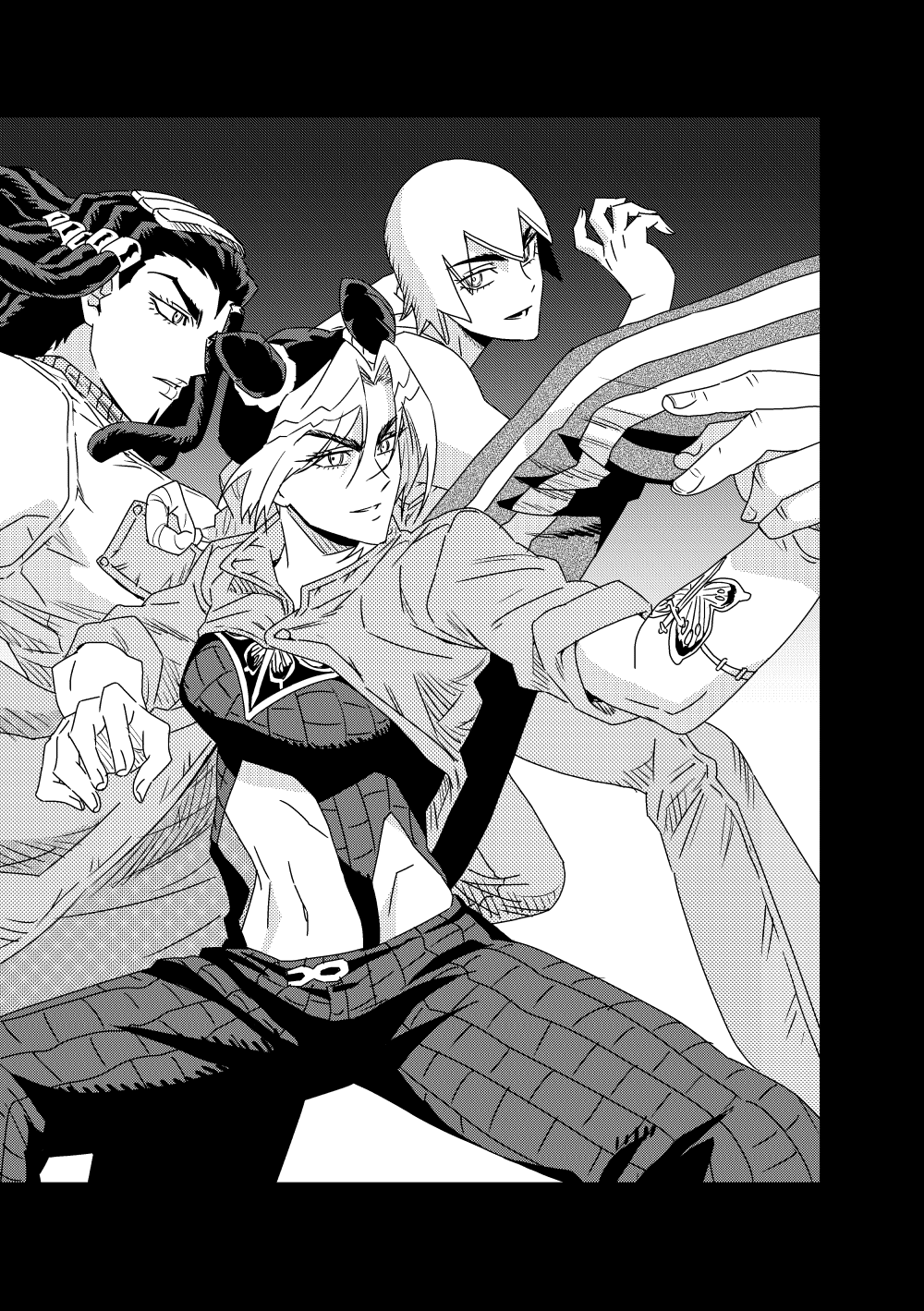 3girls arm_tattoo braid braided_ponytail breasts coat commentary_request double_bun dreadlocks ermes_costello facial_tattoo fighting_stance foo_fighters_(jojo) greyscale hair_bun highres jeonjin_(mynamebazin) jojo_no_kimyou_na_bouken kicking korean_commentary kuujou_jolyne medium_breasts medium_hair midriff monochrome multicolored_hair multiple_girls navel short_hair sleeveless sleeveless_turtleneck smile stone_ocean tattoo turtleneck two-tone_hair