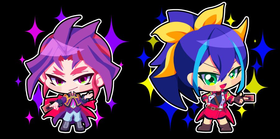 1boy 1girl :d black_background blue_hair brown_gloves card chibi chibi_only closed_mouth duel_academy_uniform_(yu-gi-oh!_arc-v) fingerless_gloves full_body gloves green_eyes hair_between_eyes holding holding_card jacket joeri_(yu-gi-oh!) long_hair looking_at_viewer open_mouth otowaika pink_eyes ponytail purple_hair purple_jacket red_jacket serena_(yu-gi-oh!) smile yu-gi-oh! yu-gi-oh!_arc-v