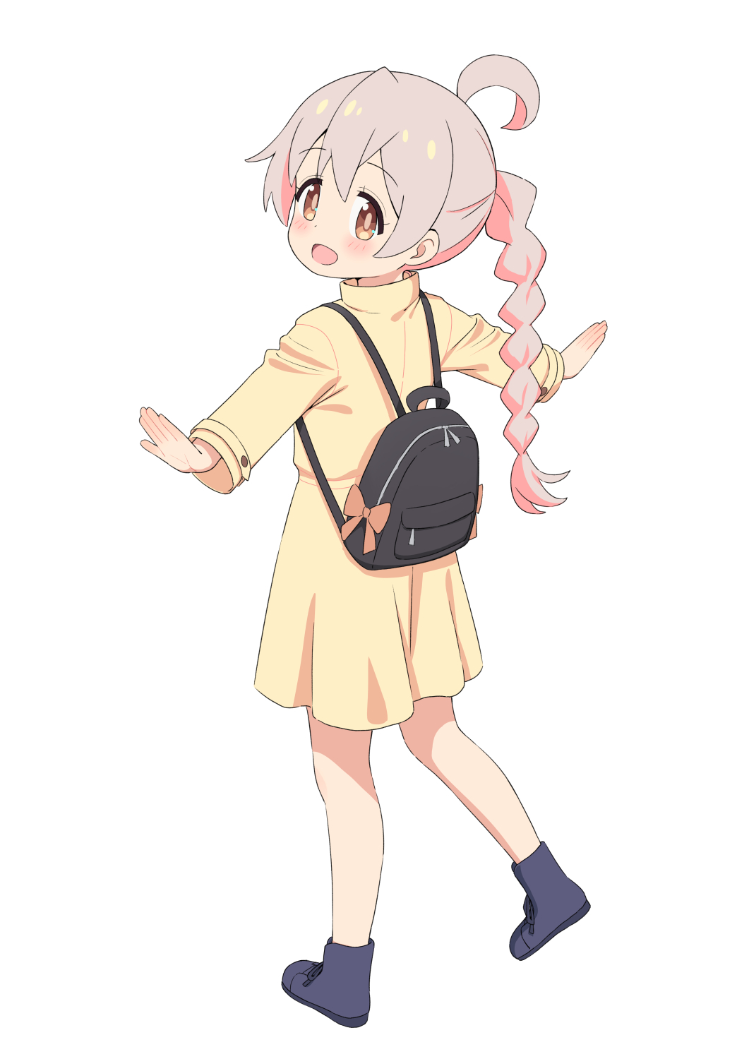 1girl :d ahoge backpack bag blush braid brown_eyes brown_hair commentary_request dress female_focus from_behind full_body hair_between_eyes heijialan highres long_hair long_sleeves looking_at_viewer looking_back onii-chan_wa_oshimai! open_mouth outstretched_arms oyama_mahiro purple_shoes shoes smile solo standing very_long_hair yellow_dress