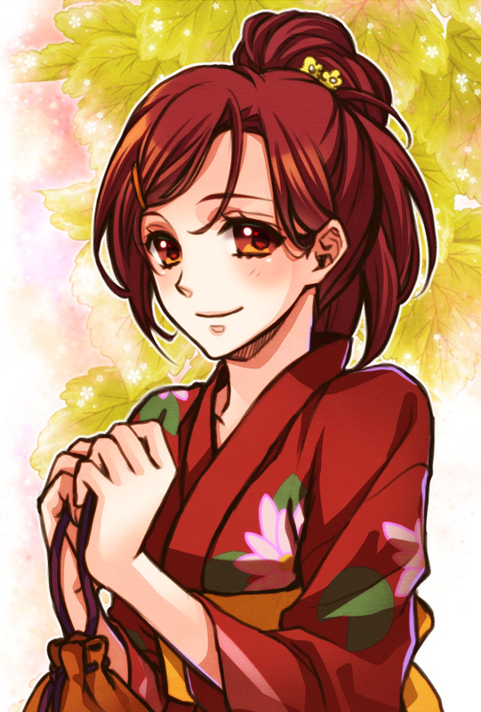 10s 1girl brown_eyes brown_hair female_focus free! high_ponytail holding japanese_clothes kimono long_hair looking_at_viewer matsuoka_gou obi ponytail red_kimono rio_(rio_01) sash smile solo yukata