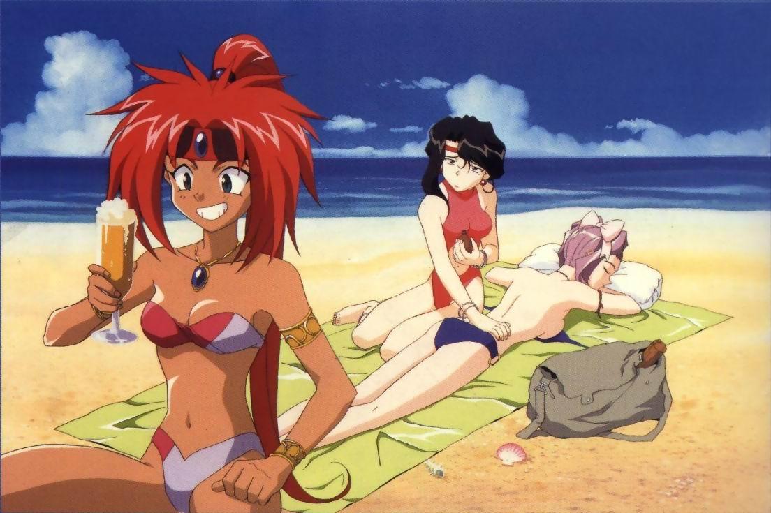1990s_(style) 3girls afura_mann alcohol beach bikini day el_hazard headband jewelry jpeg_artifacts lotion miz_mishtal multiple_girls nakazawa_kazuto ponytail red_hair retro_artstyle shayla-shayla sunscreen swimsuit tan untied_bikini