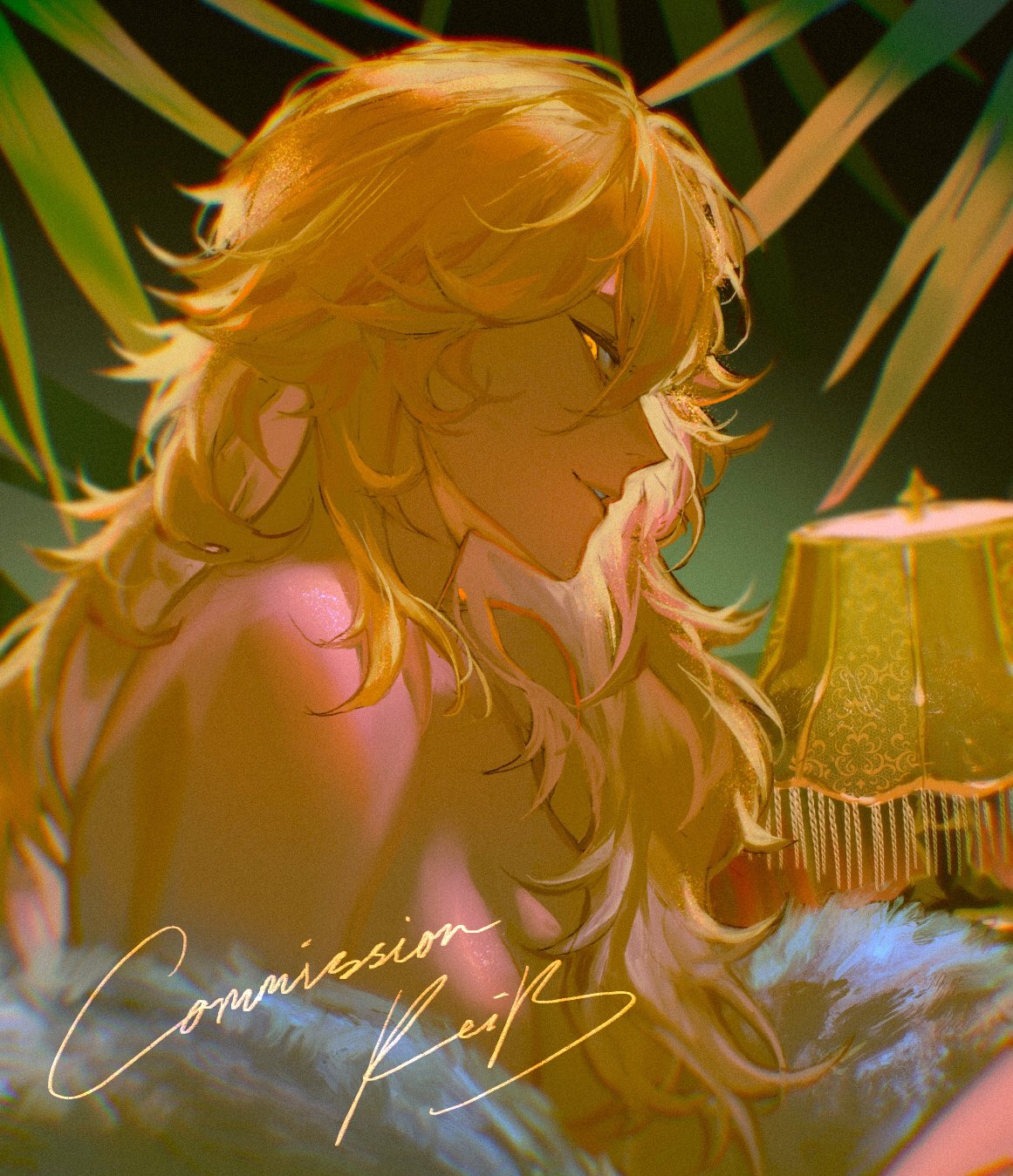 1girl blonde_hair breasts clarice_di_lampedusa_(mutageniccrow) commentary commission convenient_censoring desk_lamp from_side hair_between_eyes hair_censor highres keibleh lamp long_hair looking_at_viewer medium_breasts nude original parted_lips solo symbol-only_commentary yellow_eyes
