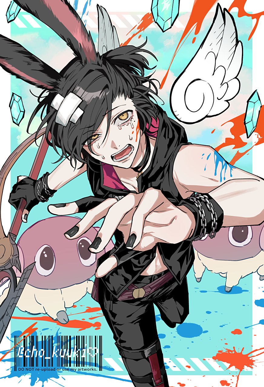 1boy angel_wings bandaid bandaid_on_head belt black_choker black_hair black_nails black_pants brown_belt cho_kuuki choker crying crystal detached_wings final_fantasy final_fantasy_xiv fingernails highres holding holding_scythe looking_at_viewer mole mole_under_eye nail_polish open_mouth paint_splatter pants reaper_(final_fantasy) scared scythe sleeveless sleeveless_jacket solo uneven_eyes viera warrior_of_light_(ff14) wings wrist_chain wristband yan_(final_fantasy) yellow_eyes