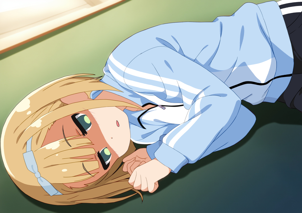 1girl 22/7 black_pants blonde_hair blue_bow blue_hairband bob_cut bow bow_hairband empty_eyes exhausted green_eyes hair_bow hairband indoors inverted_bob jacket long_sleeves lying mizusaki_johnko on_floor on_side pants parted_lips red_jacket saito_nicole shaded_face short_hair solo track_jacket track_suit