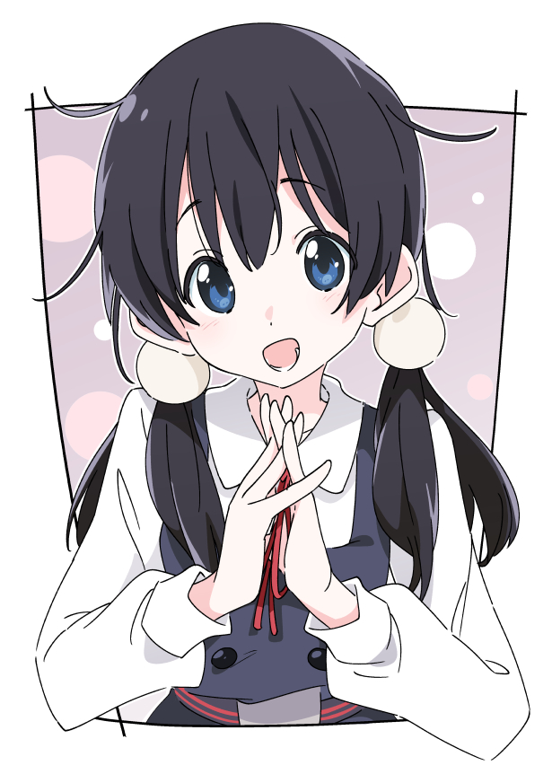 1girl black_hair blue_eyes candy_hair_ornament commentary food-themed_hair_ornament hair_ornament ixy kitashirakawa_tamako long_hair long_sleeves low_twintails neck_ribbon red_ribbon ribbon school_uniform solo tamako_market twintails upper_body