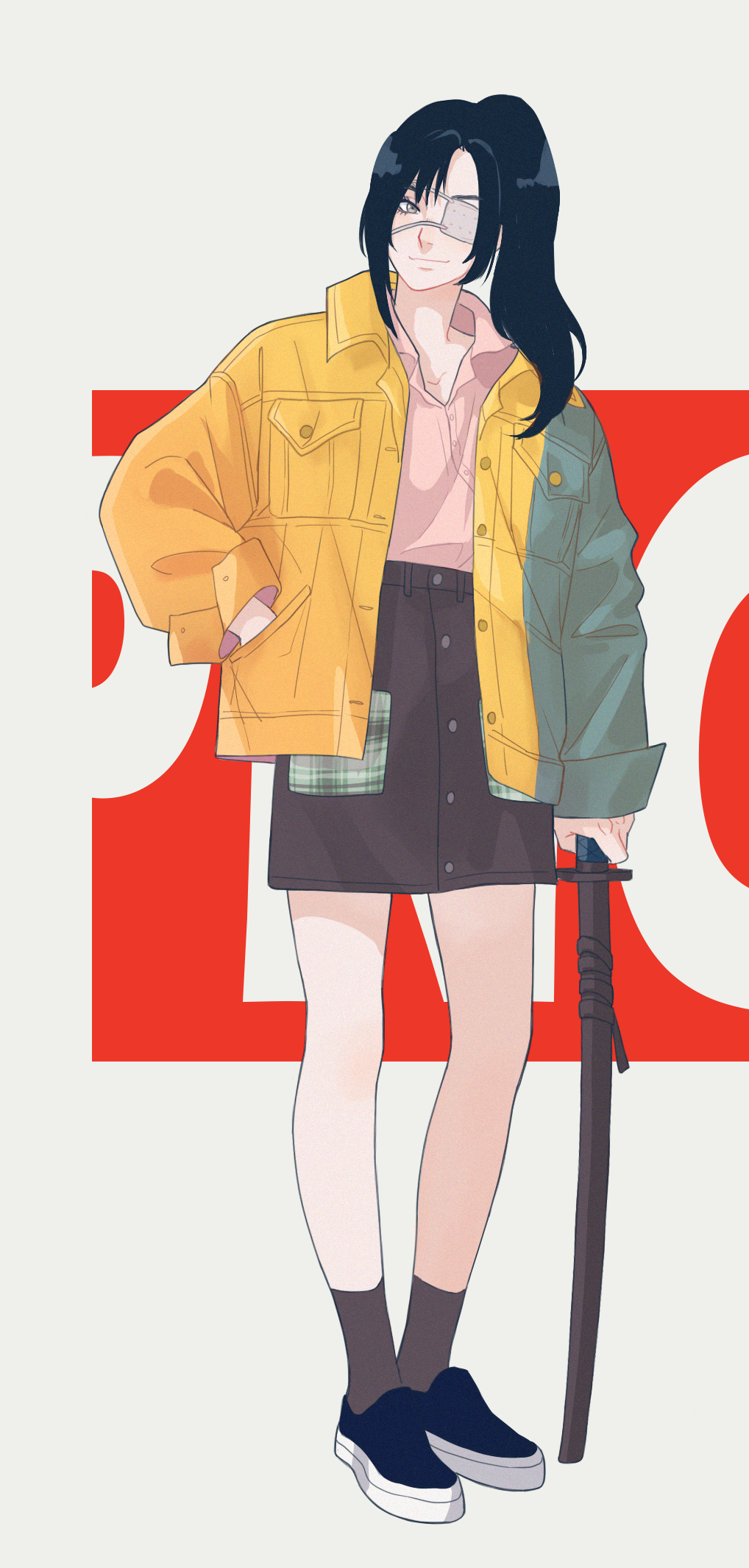 1girl alternate_costume black_hair casual eyepatch female_focus full_body gintama grey_eyes hand_in_pocket highres jacket long_hair ponytail shirt skirt smile solo standing sword weapon yagyuu_kyuubei