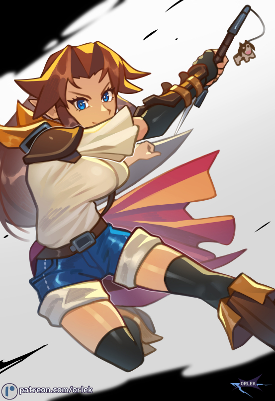 1girl armor belt belt_buckle black_socks blue_eyes blue_shorts breasts brown_hair buckle cape charm_(object) cow elbow_gloves eyelashes fingerless_gloves gloves holding holding_sword holding_weapon kneehighs long_hair looking_at_viewer malon nintendo orlek red_cape shirt shorts shorts_rolled_up shoulder_armor smile socks solo sword the_legend_of_zelda the_legend_of_zelda:_ocarina_of_time weapon white_shirt