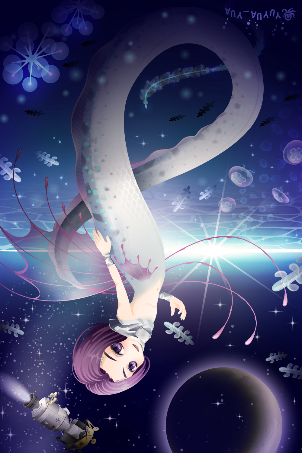 1boy animal_print apollo_11 apollo_lunar_module black_hair collar cow_print curtained_hair fins full_moon highres jellyfish jojo_no_kimyou_na_bouken merman monster_boy monsterification moon purple_eyes purple_hair rikiel sky skyfish_(cryptid) star_(sky) starry_sky stone_ocean upside-down wristband yuyua_yua