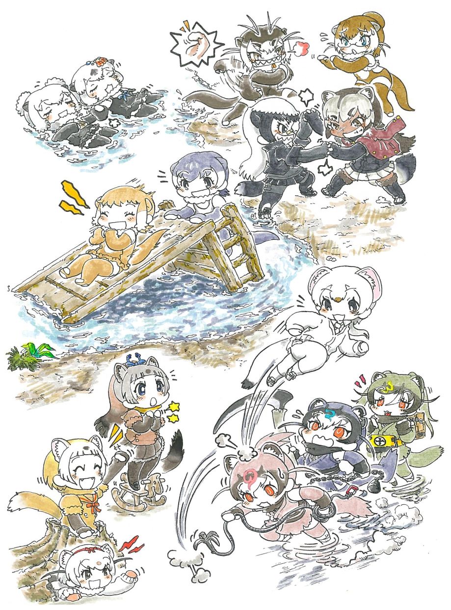6+girls ^_^ afloat afterimage alaskan_sea_otter_(kemono_friends) animal_ears antenna_hair badger_ears badger_tail bandaid bandaid_on_face bandaid_on_nose black_eyes black_hair blue_eyes boots brown_eyes brown_hair californian_sea_otter_(kemono_friends) chain chibi clapping closed_eyes dark-skinned_female dark_skin elbow_gloves fangs fighting fingerless_gloves fur_trim giant_otter_(kemono_friends) glasses gloves green_hair grey_hair grin happy highres holding holding_weapon jacket jacket_on_shoulders japanese_clothes japanese_marten_(kemono_friends) japanese_otter_(kemono_friends) jumping kamaichi_(kemono_friends) kamaji_(kemono_friends) kamamitsu_(kemono_friends) kemono_friends least_weasel_(kemono_friends) light_brown_hair long_hair looking_at_another medium_hair miniskirt motion_lines multicolored_hair multiple_girls ninja one-piece_swimsuit open_mouth otter_ears otter_girl otter_tail partially_submerged pink_hair playing pleated_skirt ponytail purple_hair ratel_(kemono_friends) red_eyes rocking_horse sable_(kemono_friends) semi-rimless_eyewear sharp_teeth shirt_under_shirt shorts shorts_under_skirt sickle skirt slide small-clawed_otter_(kemono_friends) smile standing stoat_(kemono_friends) sweatdrop swimsuit tail teeth thigh_boots thighhighs tomboy under-rim_eyewear van_der_waals_(okb_001) water weapon weasel_ears weasel_girl weasel_tail white_hair wolverine_(kemono_friends) zettai_ryouiki