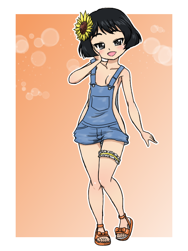 1girl black_hair blush breasts flower full_body girls_und_panzer gradient_background grey_eyes hair_flower hair_ornament hand_on_own_cheek hand_on_own_face looking_at_viewer naked_overalls no_bra open_mouth orange_background overalls sandals short_hair simple_background small_breasts smile solo takahashi_kurage utsugi_yuuki