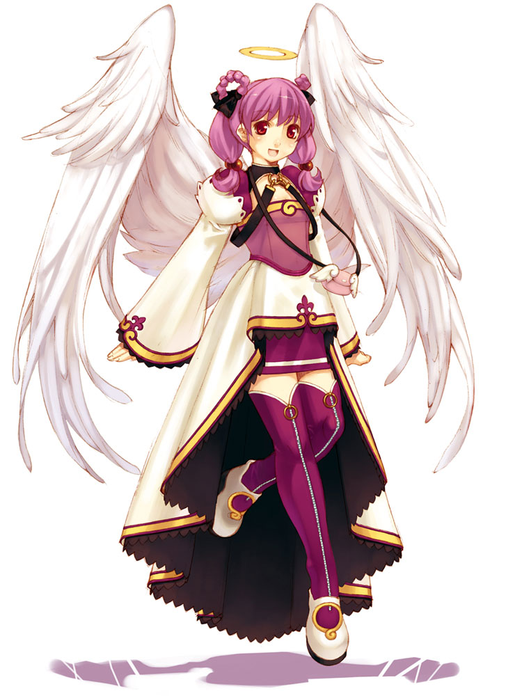 1girl angel_wings boots ciel_(spectral_souls) coat female_focus full_body hair_rings hirano_katsuyuki official_art pink_hair purple_skirt purple_thighhighs red_eyes short_hair skirt smile solo spectral_(series) spectral_souls thigh_boots thighhighs twintails white_background wings