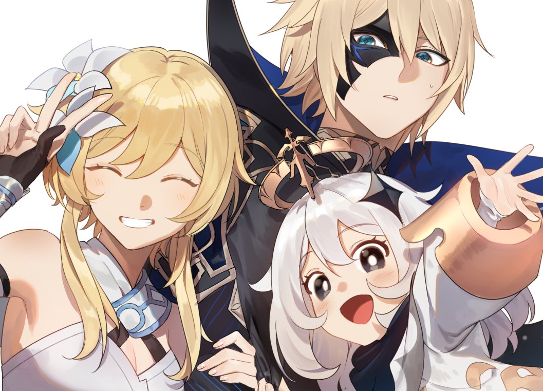 1boy 2girls aqua_eyes arm_up bare_shoulders black_cape black_eyes black_gloves black_mask black_scarf black_shirt blonde_hair blue_cape blush breasts cape closed_eyes commentary_request crystal_hair_ornament dainsleif_(genshin_impact) diamond-shaped_pupils diamond_(shape) dress fingernails flower gauntlets genshin_impact gloves hair_between_eyes hair_flower hair_ornament half_mask halo hand_up long_sleeves looking_at_viewer lumine_(genshin_impact) mask mechanical_halo medium_breasts moemoenomori multiple_girls open_mouth paimon_(genshin_impact) partially_fingerless_gloves puffy_long_sleeves puffy_sleeves romper scarf shirt short_hair sidelocks simple_background sleeveless sleeveless_dress smile sweatdrop symbol-shaped_pupils teeth two-sided_cape two-sided_fabric upper_body w white_background white_dress white_flower white_hair white_romper