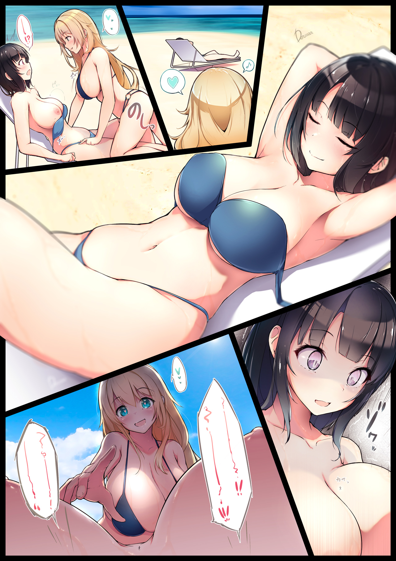 2girls atago_(kancolle) beach_chair between_breasts bikini black_hair blonde_hair blue_bikini blush breast_slip breasts comic day dermar heart highres japanese_(nationality) kantai_collection large_breasts long_hair mini_person multiple_girls nipples outdoors prank purple_eyes short_hair size_difference sleeping smile sun surprised swimsuit takao_(kancolle) view_between_breasts