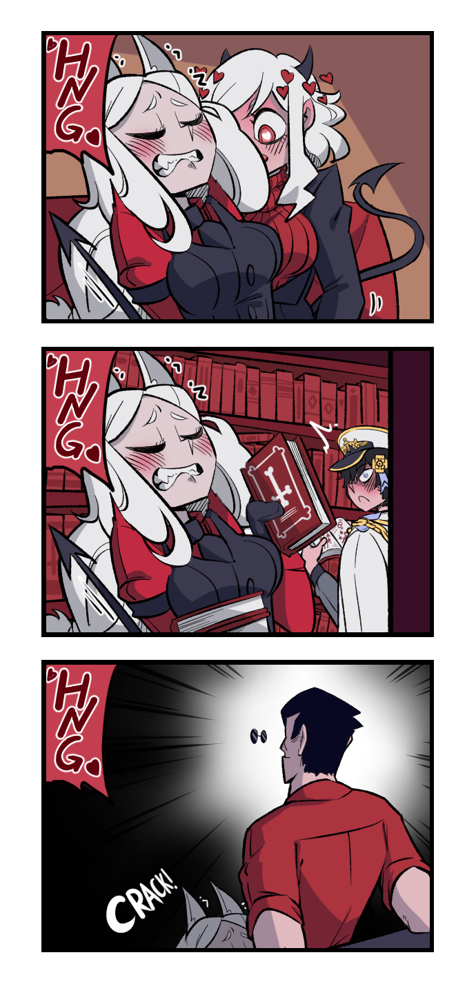 1boy 5girls archangel_(helltaker) cerberus_(helltaker) doodle_shark english_text fellatio female_orgasm helltaker helltaker_(character) highres modeus_(helltaker) multiple_girls oral orgasm shared_sense vest waistcoat