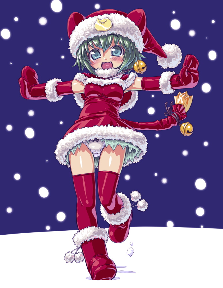 10s 1girl animal_ears bad_id bad_pixiv_id bell blue_eyes blush boots breasts busou_shinki dd_(ijigendd) dress elbow_gloves fangs female_focus full_body gloves green_hair happy hat latex latex_dress latex_gloves maochao outdoors panties pantyshot santa_costume santa_hat short_hair snow solo tail tail_bell tail_ornament thighhighs underwear zettai_ryouiki