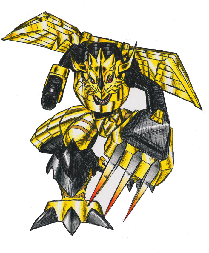claws digimon digimon_(creature) gun horns red_eyes solo tail weapon zekegreymon