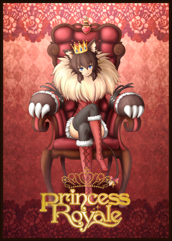 1girl animal_ears beauty_and_the_beast_(disney) black_thighhighs blue_eyes boots bow brown_hair claws crossed_legs crown female_focus fur_trim knee_boots lace-up_boots mane monster_girl original princess_royale sitting smile solo tail tail_bow tail_ornament thighhighs tyanbaku