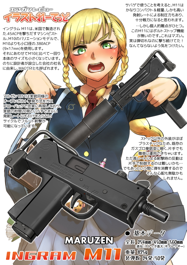 1girl airsoft_review_illustrated blonde_hair breasts cobray_company didloaded folding_stock green_eyes gun handgun information_sheet ingram_mac-10/11 iron_sights japanese_text jersey_arms leinad_arms mac-10/11 maruzen_company masterpiece_arms military_armament_corporation original pistol pistol_stabilizing_brace rpb_industries school_uniform sidearm sionics stock_(firearm) submachine_gun suppressor suppressor_focus suppressor_profile swd_incorporated text_focus translation_request weapon weapon_focus weapon_profile