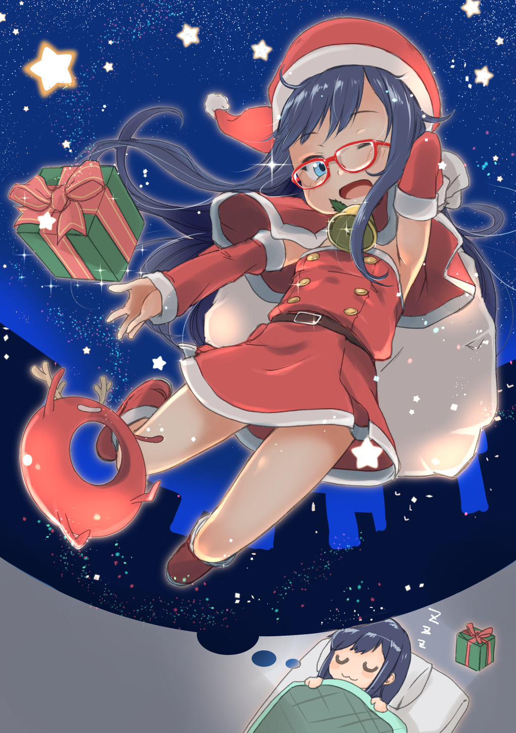 1girl abyssal_ship asashio_(kancolle) bell bespectacled box capelet cityscape detached_sleeves dreaming dress enemy_lifebuoy_(kancolle) fur-trimmed_dress fur-trimmed_headwear fur-trimmed_sleeves fur_trim fyuo gift gift_box glasses hat highres kantai_collection multiple_views night night_sky red_capelet red_hat sack santa_costume santa_dress santa_hat sky sleeping sleeveless sleeveless_dress smile zzz