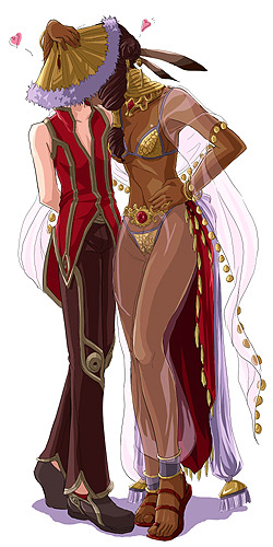 1boy 1girl assertive_female bikini black_shoes brown_hair brown_pants commentary_request dancer dancer_(ragnarok_online) dark-skinned_female dark_skin folding_fan full_body hand_fan harem_pants heart hetero kiss lowres mr.romance pants ragnarok_online red_sandals red_shirt red_skirt sandals see-through_clothes see-through_pants sequins shirt shoes showgirl_skirt simple_background skirt sleeveless sleeveless_shirt standing swimsuit white_background wizard_(ragnarok_online) yellow_bikini