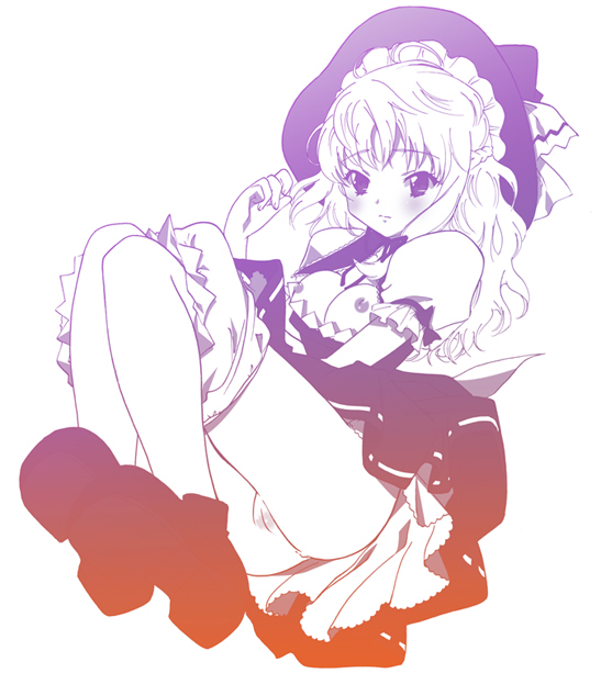 1girl anko_koubou bloomers bloomers_pull breasts clothes_pull female_focus framed_breasts hat kirisame_marisa legs_up monochrome nipples pussy shirt_pull shy solo touhou uncensored underwear witch_hat