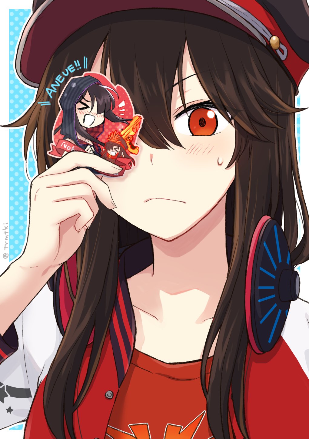 &gt;_&lt; 1girl :&lt; :d arm_up black_hat blue_background blue_hoodie blush border brother_and_sister brown_hair buster_shirt center-flap_bangs character_name chibi clenched_hand closed_eyes closed_mouth collarbone fate/grand_order fate_(series) frown hair_between_eyes hand_up hat headphones headphones_around_neck highres holding hood hood_up hoodie jacket keikenchi_(style) letterman_jacket long_hair long_sleeves looking_at_viewer military_hat mini_nobu_(fate) nose_blush oda_nobukatsu_(fate) oda_nobunaga_(fate) one_eye_covered open_mouth outside_border peaked_cap polka_dot polka_dot_background portrait red_eyes red_shirt shirt shout_lines siblings sidelocks sleeveless sleeveless_hoodie smile star_(symbol) sticker sweatdrop t-shirt teramoto_kei twitter_username v-shaped_eyebrows white_border
