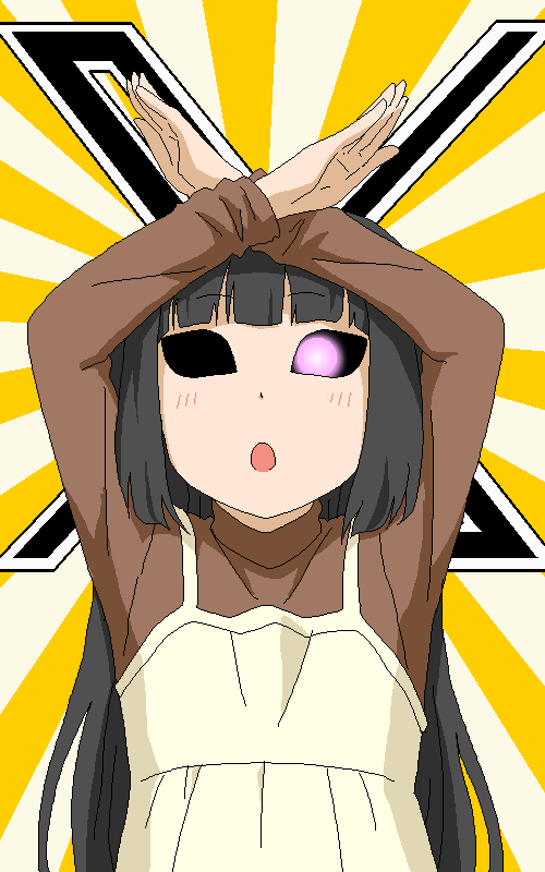 1girl black_hair blunt_bangs commentary_request dress glowing glowing_eye hollow_eyes jaggy_lines mono_ai open_mouth original pink_eyes solo tomu_(tomubobu) upper_body x_arms yellow_dress