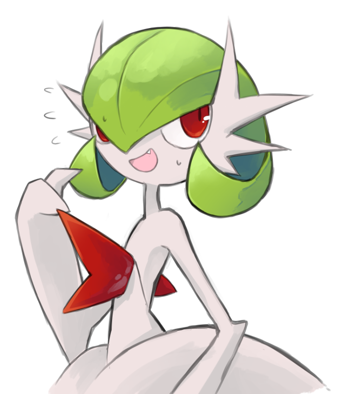 bob_cut dmt_(auburn) dress fang flying_sweatdrops gardevoir gen_3_pokemon green_hair mega_gardevoir mega_pokemon nintendo open_mouth pokemon pokemon_(creature) red_eyes simple_background strapless strapless_dress sweatdrop white_background white_dress