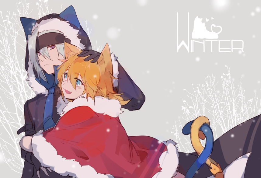 1boy 2boys :d alternate_costume animal_ears animal_hood aotu_world black_gloves black_headband blonde_hair blue_eyes blue_necktie blush bokyo capelet cat_ears cat_hood cat_tail closed_mouth coat fang fur_trim gloves grey_(aotu_world) grey_background grey_hair hair_between_eyes hand_on_another&#039;s_head headband hood hood_up hug kemonomimi_mode king_(aotu_world) looking_at_viewer male_focus multiple_boys necktie open_mouth purple_eyes short_hair smile snow snowing tail tree white_hair yaoi