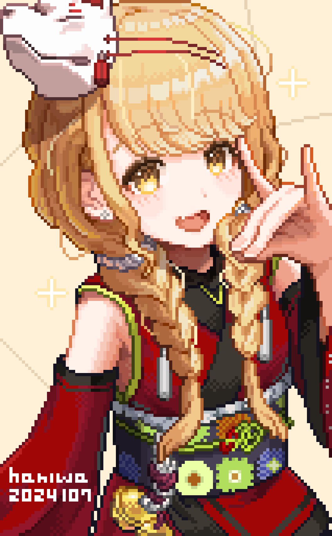 1girl bare_shoulders bell black_sash black_trim blonde_hair blush braid detached_sleeves dot_nose earrings floral_print_sash fox_mask fox_shadow_puppet fujita_kotone gakuen_idolmaster hand_up haniwa_(watm9mlz3vv3qep) highres idolmaster japanese_clothes jewelry jingle_bell kamurogiku_(idolmaster) kimono long_hair long_sleeves looking_at_viewer mask mask_on_head obi obiage obijime open_mouth pixel_art red_kimono red_sleeves sash sleeveless sleeveless_kimono smile solo sparkle twin_braids upper_body yellow_background yellow_eyes