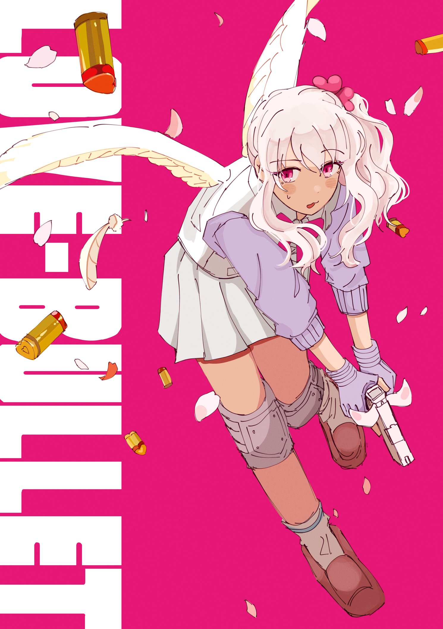 1other akiyama_mizuki angel_wings brown_shoes bullet bulletproof_vest feathers gloves gun hair_ornament handgun heart heart_hair_ornament highres holding holding_gun holding_weapon knee_pads loafers long_hair love-bullet neck_ribbon nicewhen open_mouth parody pink_background pink_eyes pink_hair pleated_skirt project_sekai ribbon shoes side_ponytail sidelocks skirt weapon white_wings wings