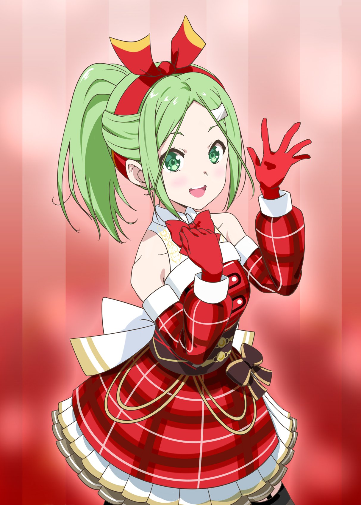 1girl 22/7 :d blush bow bow_hairband bowtie collared_dress commentary_request cowboy_shot detached_sleeves dress fur-trimmed_dress fur_trim gloves green_eyes green_hair hair_bow hair_ornament hairband hairclip half_updo hand_on_own_chest high_ponytail highres kiryu_touko looking_at_viewer matsubokkurin227 open_mouth parted_bangs plaid_clothes plaid_dress ponytail red_background red_bow red_bowtie red_gloves red_hairband sleeveless sleeveless_dress smile solo standing teeth two-tone_bow upper_teeth_only waving