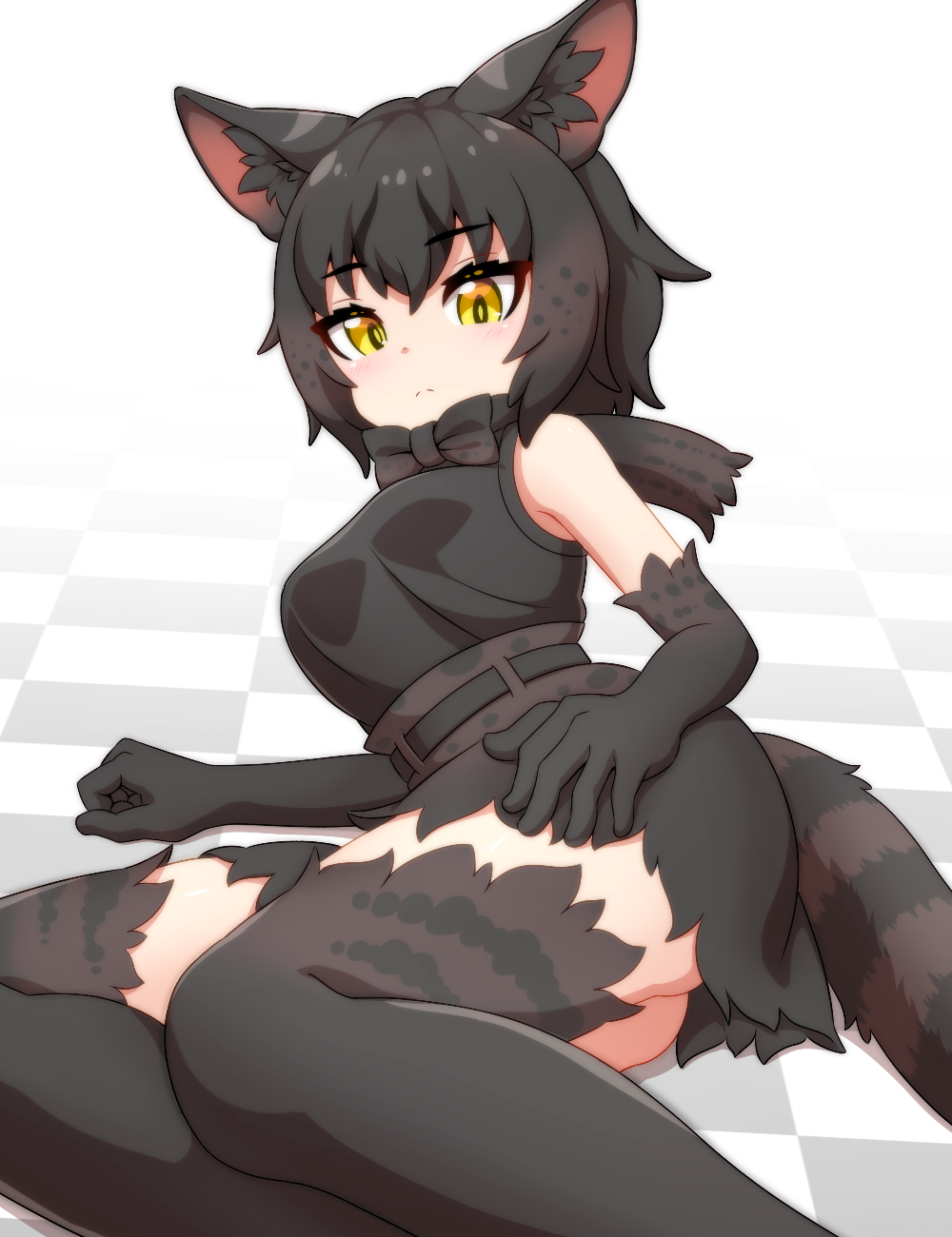1girl animal_ear_fluff animal_ears animal_print arm_support ass belt black_hair black_serval_(kemono_friends) black_shirt bow bowtie brown_hair cat_ears cat_girl cat_tail closed_mouth elbow_gloves ev_(kemomimizuku) expressionless gloves hair_between_eyes hand_rest high-waist_skirt highres kemono_friends kemono_friends_3 light_blush looking_at_viewer lying medium_hair miniskirt multicolored_hair on_side print_gloves print_scarf print_skirt print_thighhighs scarf shirt skirt sleeveless sleeveless_shirt solo tail thighhighs underbutt yellow_eyes