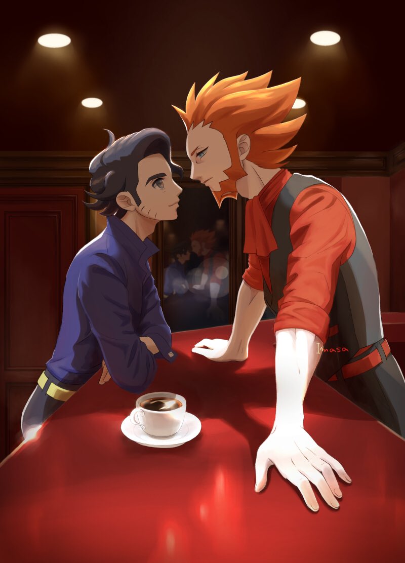 2boys professor_sycamore beard belt black_hair cafe ceiling closed_mouth commentary_request counter cup curly_hair eye_contact facial_hair from_side grey_eyes im_i_masa indoors looking_at_another lysandre_(pokemon) male_focus multiple_boys nintendo orange_hair orange_shirt pants pokemon pokemon_xy saucer shirt short_hair sleeves_rolled_up vest yellow_belt
