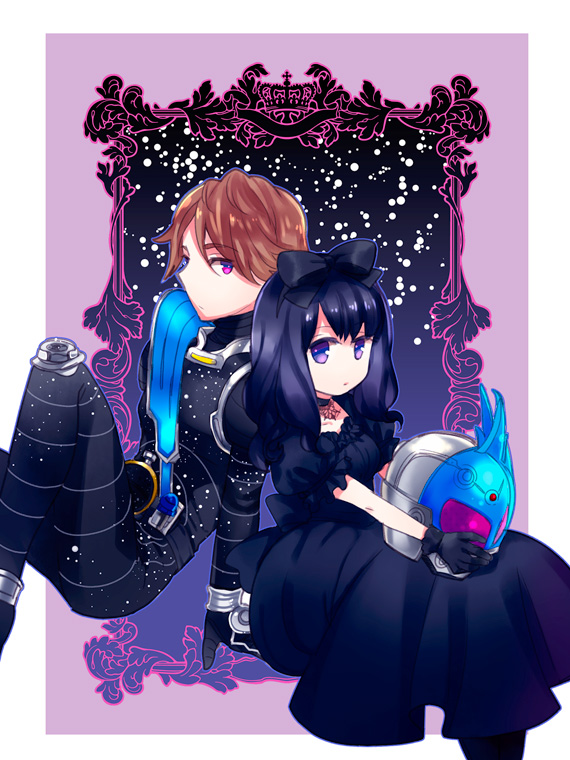 1boy 1girl bad_id bad_pixiv_id belt black_dress black_hair brown_hair dress hair_ribbon unworn_headwear helmet unworn_helmet kamen_rider kamen_rider_fourze_(series) kamen_rider_meteor kotono nozama_tomoko pantyhose purple_eyes ribbon sakuta_ryuusei