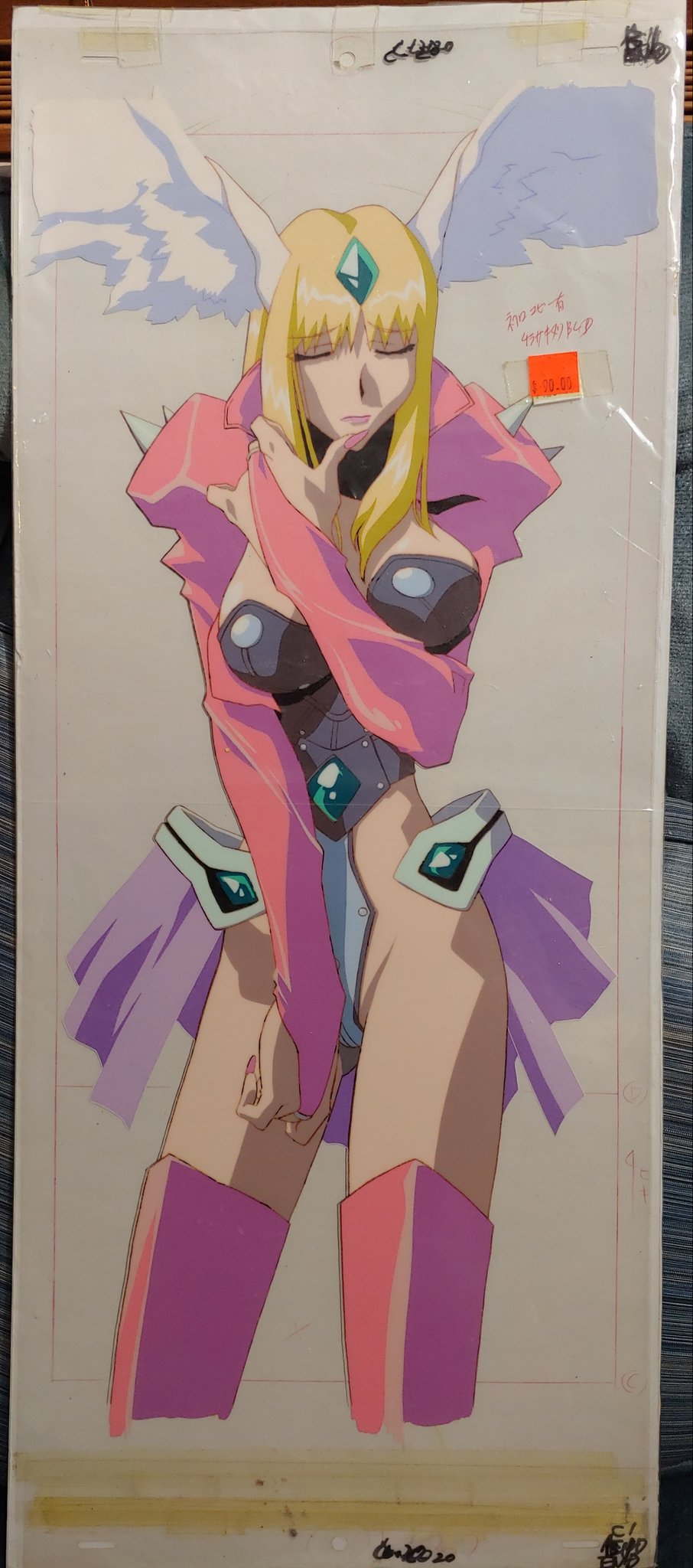 1990s_(style) 1girl animation_cel anime_coloring blonde_hair choujin_gakuen_gowcaizer highleg highres necrocaizer oobari_masami production_art retro_artstyle thinking wings worried