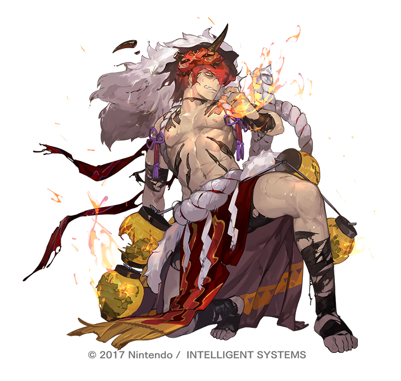 1boy abs body_markings burning_clothes copyright_notice damaged dark-skinned_male dark_skin dragon_mask fake_hair fire_emblem fire_emblem_heroes full_body hair_over_one_eye male_focus muscular muscular_male muspell_(fire_emblem) muspell_(flame)_(fire_emblem) nintendo official_alternate_costume official_art orange_hair pelvic_curtain red_eyes so-taro solo sumo toned toned_male white_background