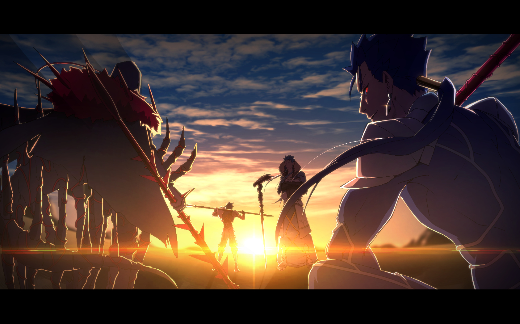 4boys black_cape blue_hair cape coat commentary_request cu_chulainn_(caster)_(fate) cu_chulainn_(fate) cu_chulainn_(fate/prototype) cu_chulainn_(fate/stay_night) cu_chulainn_alter_(fate) faceless faceless_male fate/grand_order fate_(series) from_behind fur-trimmed_cape fur_trim highres holding holding_polearm holding_weapon letterboxed looking_back male_focus multiple_boys multiple_persona polearm red_eyes shoulder_plates sitting spear spiked_tail staff sunset tail weapon yanoooh