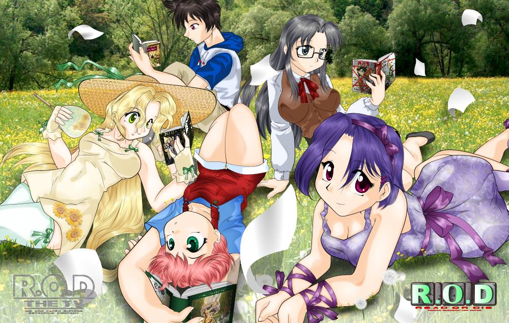 00s 5girls androgynous anita_king arm_support blonde_hair blue_eyes blue_hair book breasts child dress everyone flat_chest floral_print flower glasses grass green_eyes grey_hair hairband hand_fan hat hood hoodie large_breasts lying maggie_mui michelle_cheung multiple_girls nancy_makuhari on_back on_stomach open_book outdoors overalls paper photo_background pink_eyes pink_hair r.o.d_the_tv raglan_sleeves read_or_die reading ribbon shoes short_hair sitting smile straw_hat thighhighs tomboy vest white_thighhighs yomiko_readman young_wang