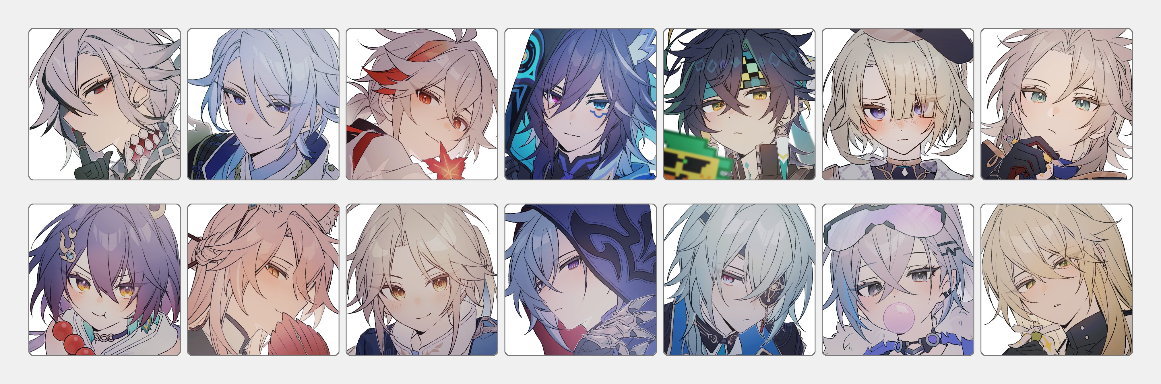 3girls 6+boys absurdres ajaw_(genshin_impact) albedo_(genshin_impact) anaxa_(honkai:_star_rail) animal_ear_fluff animal_ears arlecchino_(genshin_impact) black_choker black_gloves black_hair blonde_hair blowing_bubbles blue_hair chewing_gum choker closed_mouth commentary coojisan crossed_bangs earrings eyepatch flower food freminet_(genshin_impact) genshin_impact gloves green_hair grey_hair hair_between_eyes hair_ornament hat headband heterochromia highres holding honkai:_star_rail honkai_(series) hood hood_up index_finger_raised jewelry jiaoqiu_(honkai:_star_rail) kaedehara_kazuha kamisato_ayato kinich_(genshin_impact) leaf luocha_(honkai:_star_rail) mihoyo mole mole_under_mouth moze_(honkai:_star_rail) multicolored_hair multiple_boys multiple_girls ororon_(genshin_impact) pink_hair portrait purple_hair silver_wolf_(honkai:_star_rail) streaked_hair sweat symbol-only_commentary white_flower yanqing_(honkai:_star_rail) yunli_(honkai:_star_rail)